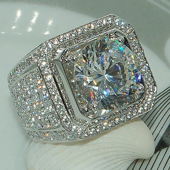 Other - NEW Mens 925 Silver Round Diamond Halo Ring